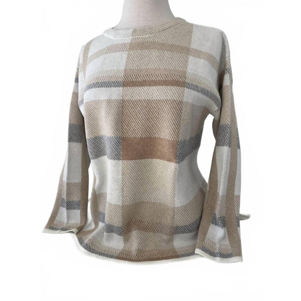 NEW OST women's relaxed tonal plaid top in ivory/natural/grey
